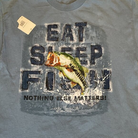 Vintage Y2K "Eat Sleep Fish" T Shirt Men's L Blue Graphic Fisherman Gorpcore - Picture 2 of 10